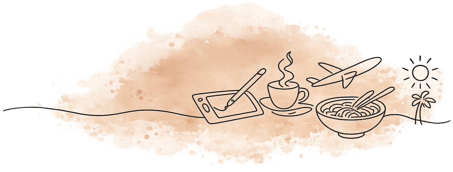 Collage of hobbies such as travel and food.